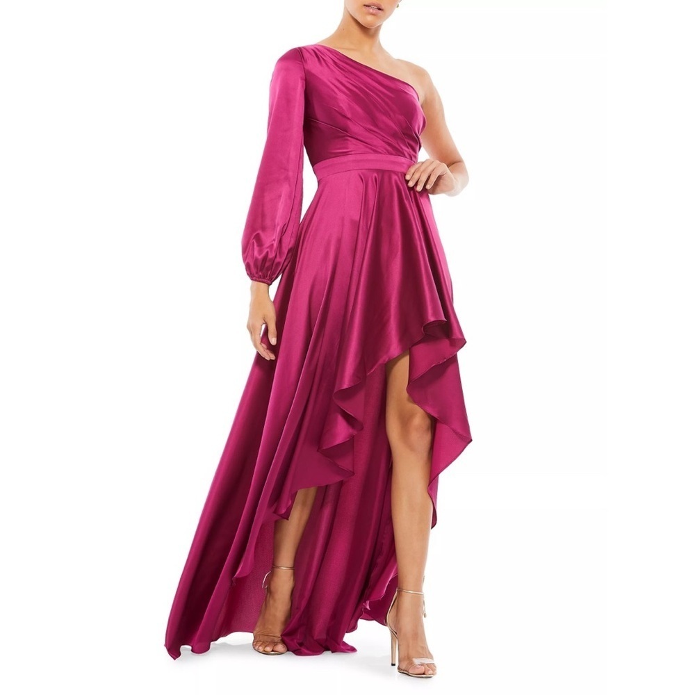 Mac Duggal Berry Satin One Shoulder High Low Maxi Gown Dress Size 10